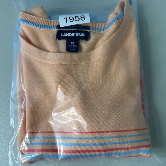 Lands End Pullover Sweater Size 1X Orange Multicolor Stripe Supima Cotton - Picture 9 of 9